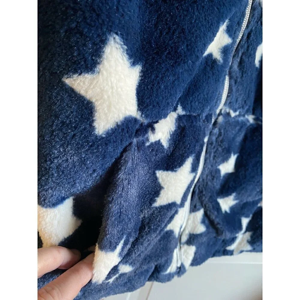 Steve Madden Sz 14/16 Girl’s Blue Faux‎ Fur White Stars Zip Jacket Coat